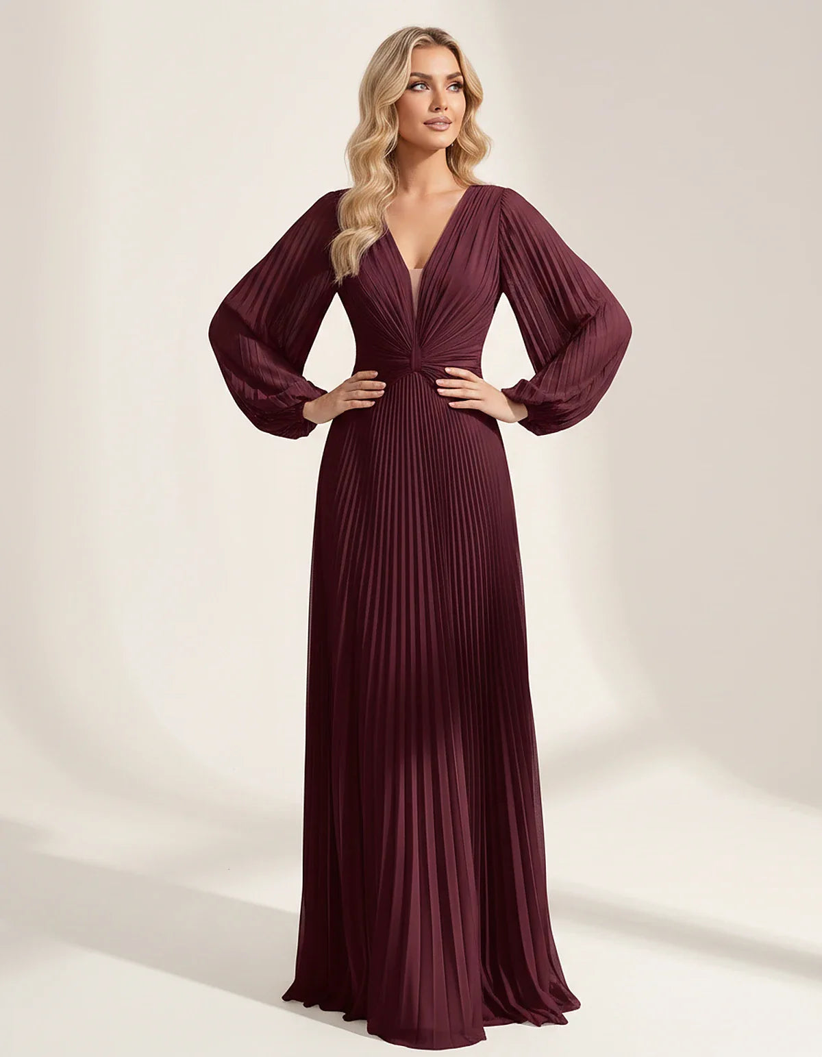 Pleated Chiffon Long Sleeve Deep V-Neck A-Line Maxi Dress for Party, Cocktail, Evening, Wedding Guest & Summer Events, front | SKU: AMD-583917462850174-BURGUNDY-L,AMD-583917462850174-BURGUNDY-M,AMD-583917462850174-BURGUNDY-S,AMD-583917462850174-BURGUNDY-XL,AMD-583917462850174-BURGUNDY-XS