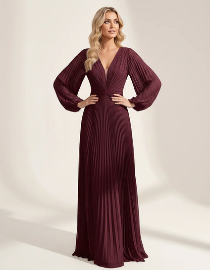 Pleated Chiffon Long Sleeve Deep V-Neck A-Line Maxi Dress for Party, Cocktail, Evening, Wedding Guest & Summer Events, front | SKU: AMD-583917462850174-BURGUNDY-L,AMD-583917462850174-BURGUNDY-M,AMD-583917462850174-BURGUNDY-S,AMD-583917462850174-BURGUNDY-XL,AMD-583917462850174-BURGUNDY-XS