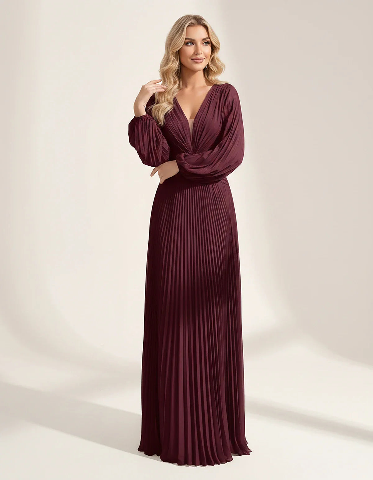 Pleated Chiffon Long Sleeve Deep V-Neck A-Line Maxi Dress for Party, Cocktail, Evening, Wedding Guest & Summer Events, front | SKU: AMD-583917462850174-BURGUNDY-L,AMD-583917462850174-BURGUNDY-M,AMD-583917462850174-BURGUNDY-S,AMD-583917462850174-BURGUNDY-XL,AMD-583917462850174-BURGUNDY-XS