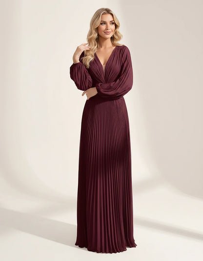 Pleated Chiffon Long Sleeve Deep V-Neck A-Line Maxi Dress for Party, Cocktail, Evening, Wedding Guest & Summer Events, front | SKU: AMD-583917462850174-BURGUNDY-L,AMD-583917462850174-BURGUNDY-M,AMD-583917462850174-BURGUNDY-S,AMD-583917462850174-BURGUNDY-XL,AMD-583917462850174-BURGUNDY-XS