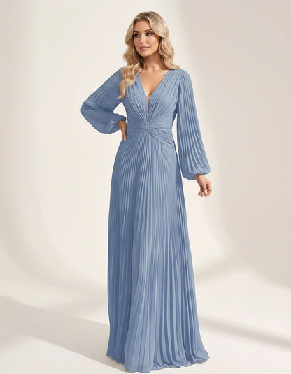 Pleated Chiffon Long Sleeve Deep V-Neck A-Line Maxi Dress for Party, Cocktail, Evening, Wedding Guest & Summer Events, front | SKU: AMD-583917462850174-DUSTYBLUE-L,AMD-583917462850174-DUSTYBLUE-M,AMD-583917462850174-DUSTYBLUE-S,AMD-583917462850174-DUSTYBLUE-XL,AMD-583917462850174-DUSTYBLUE-XS
