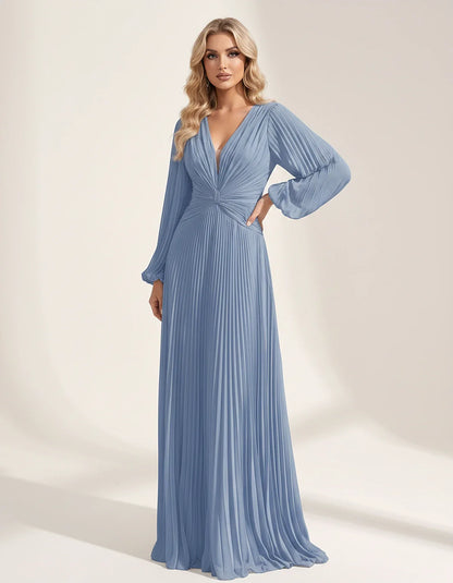 Pleated Chiffon Long Sleeve Deep V-Neck A-Line Maxi Dress for Party, Cocktail, Evening, Wedding Guest & Summer Events, front | SKU: AMD-583917462850174-DUSTYBLUE-L,AMD-583917462850174-DUSTYBLUE-M,AMD-583917462850174-DUSTYBLUE-S,AMD-583917462850174-DUSTYBLUE-XL,AMD-583917462850174-DUSTYBLUE-XS