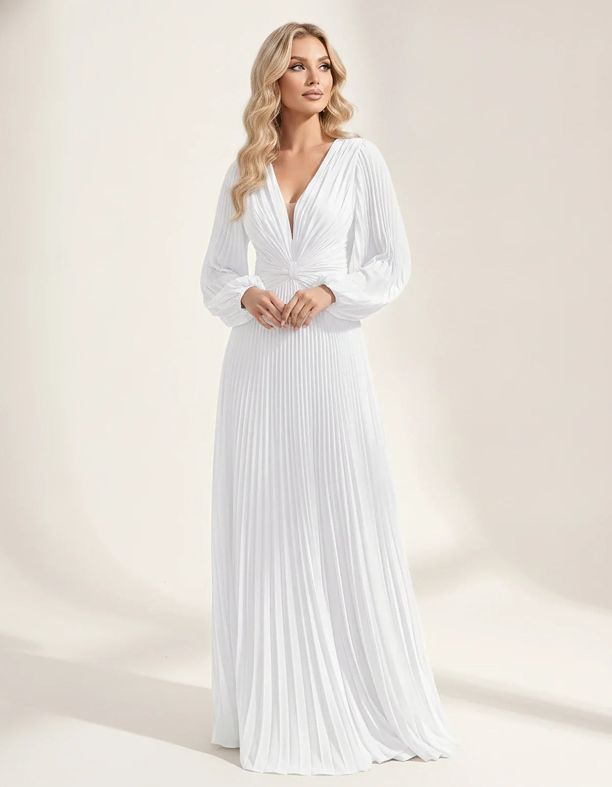 Pleated Chiffon Long Sleeve Deep V-Neck A-Line Maxi Dress for Party, Cocktail, Evening, Wedding Guest & Summer Events, front | SKU: AMD-583917462850174-WHITE-L,AMD-583917462850174-WHITE-M,AMD-583917462850174-WHITE-S,AMD-583917462850174-WHITE-XL,AMD-583917462850174-WHITE-XS