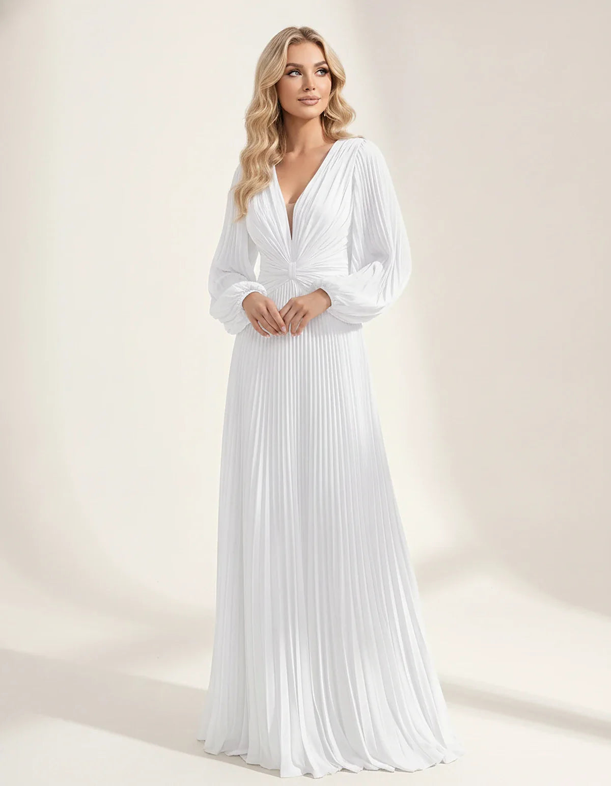 Pleated Chiffon Long Sleeve Deep V-Neck A-Line Maxi Dress for Party, Cocktail, Evening, Wedding Guest & Summer Events, front | SKU: AMD-583917462850174-WHITE-L,AMD-583917462850174-WHITE-M,AMD-583917462850174-WHITE-S,AMD-583917462850174-WHITE-XL,AMD-583917462850174-WHITE-XS