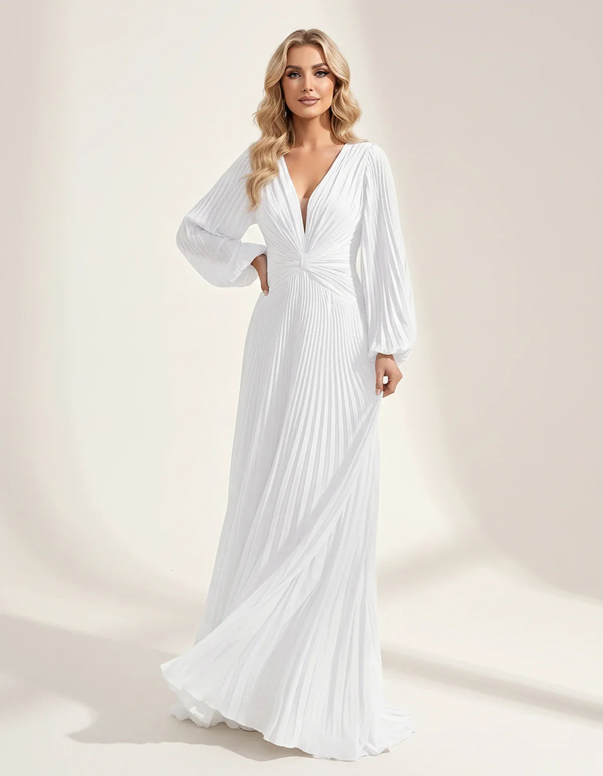 Pleated Chiffon Long Sleeve Deep V-Neck A-Line Maxi Dress for Party, Cocktail, Evening, Wedding Guest & Summer Events, front | SKU: AMD-583917462850174-WHITE-L,AMD-583917462850174-WHITE-M,AMD-583917462850174-WHITE-S,AMD-583917462850174-WHITE-XL,AMD-583917462850174-WHITE-XS