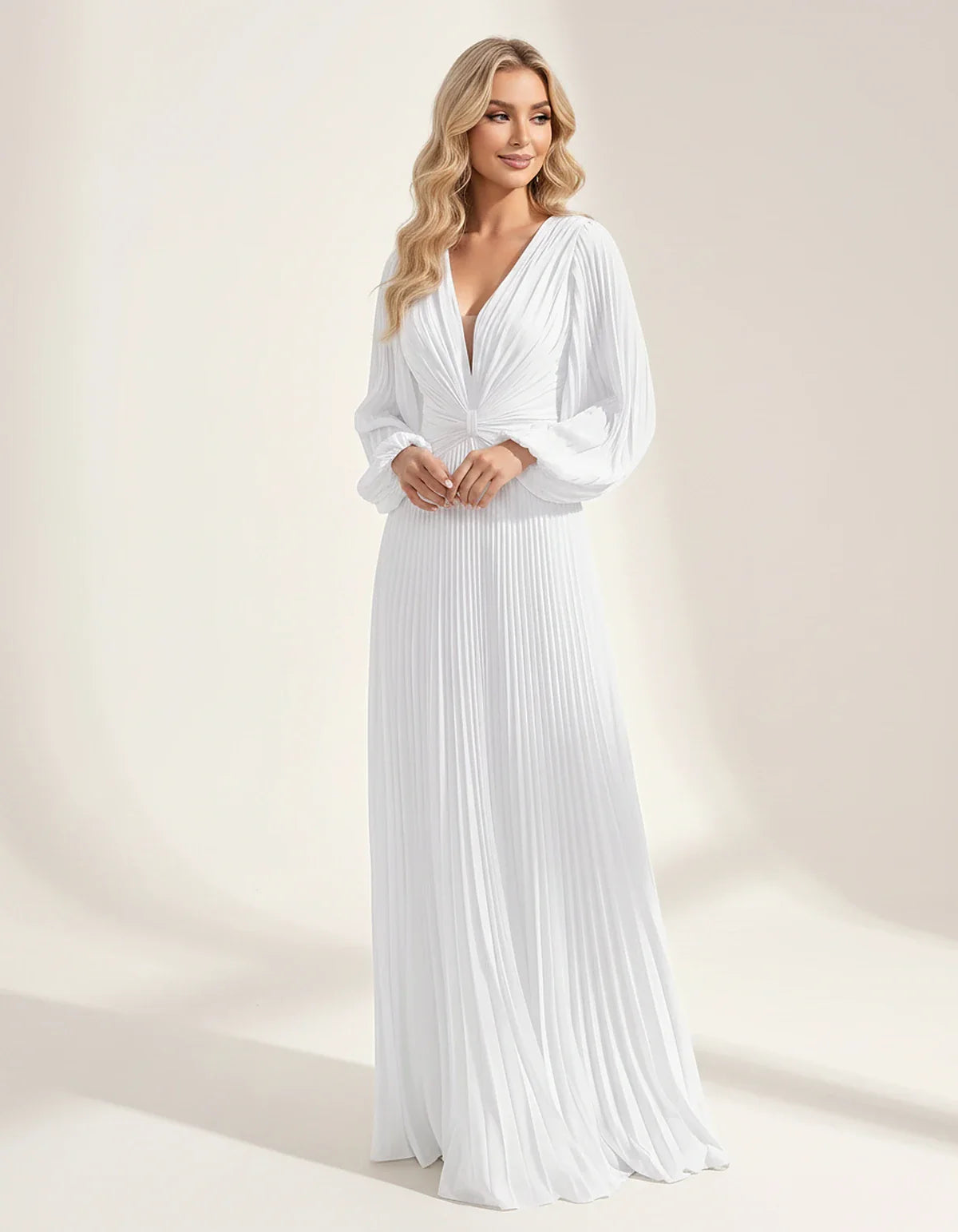 Pleated Chiffon Long Sleeve Deep V-Neck A-Line Maxi Dress for Party, Cocktail, Evening, Wedding Guest & Summer Events, front | SKU: AMD-583917462850174-WHITE-L,AMD-583917462850174-WHITE-M,AMD-583917462850174-WHITE-S,AMD-583917462850174-WHITE-XL,AMD-583917462850174-WHITE-XS