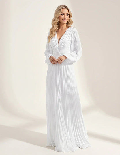 Pleated Chiffon Long Sleeve Deep V-Neck A-Line Maxi Dress for Party, Cocktail, Evening, Wedding Guest & Summer Events, front | SKU: AMD-583917462850174-WHITE-L,AMD-583917462850174-WHITE-M,AMD-583917462850174-WHITE-S,AMD-583917462850174-WHITE-XL,AMD-583917462850174-WHITE-XS