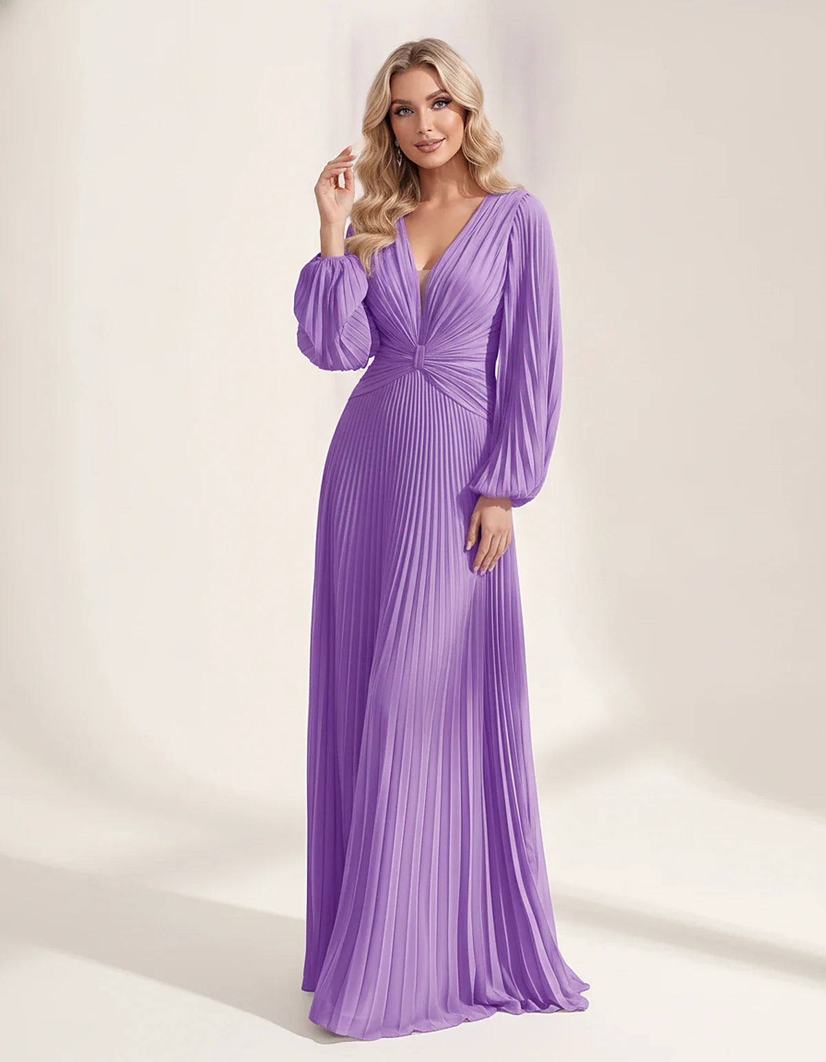 Pleated Chiffon Long Sleeve Deep V-Neck A-Line Maxi Dress for Party, Cocktail, Evening, Wedding Guest & Summer Events, front | SKU: AMD-583917462850174-LILAC-L,AMD-583917462850174-LILAC-M,AMD-583917462850174-LILAC-S,AMD-583917462850174-LILAC-XL,AMD-583917462850174-LILAC-XS