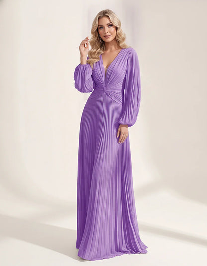 Pleated Chiffon Long Sleeve Deep V-Neck A-Line Maxi Dress for Party, Cocktail, Evening, Wedding Guest & Summer Events, front | SKU: AMD-583917462850174-LILAC-L,AMD-583917462850174-LILAC-M,AMD-583917462850174-LILAC-S,AMD-583917462850174-LILAC-XL,AMD-583917462850174-LILAC-XS