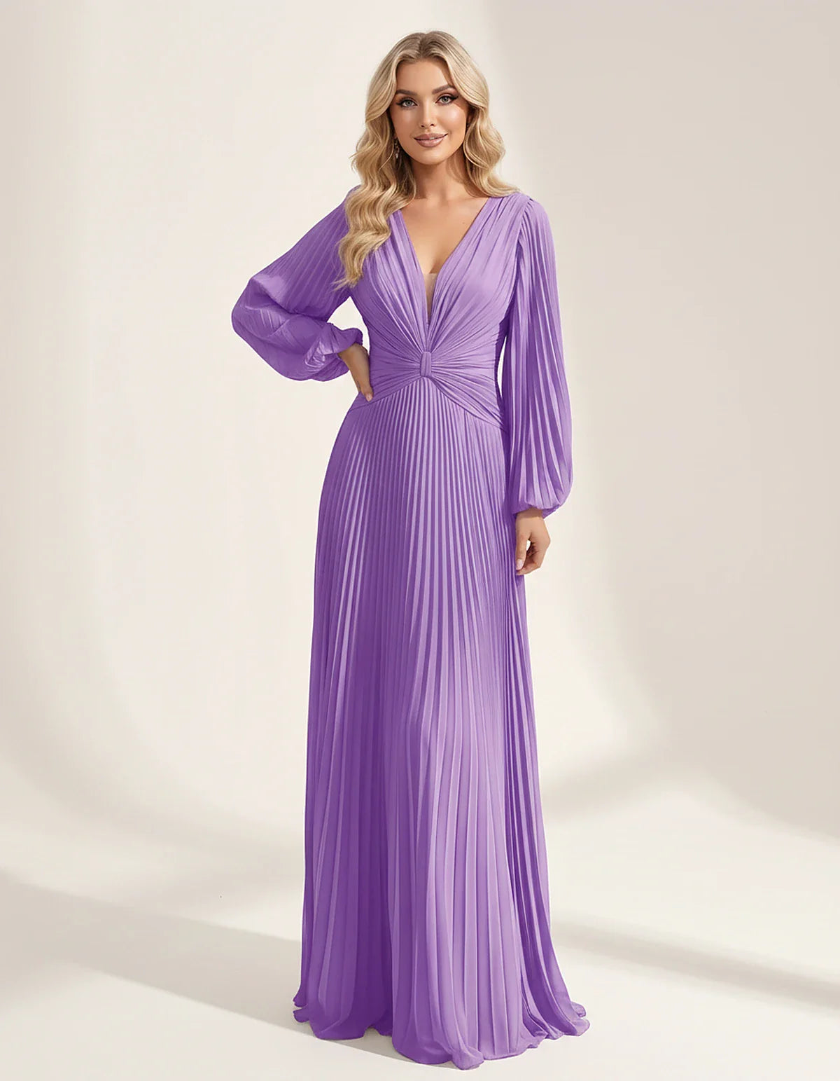 Pleated Chiffon Long Sleeve Deep V-Neck A-Line Maxi Dress for Party, Cocktail, Evening, Wedding Guest & Summer Events, front | SKU: AMD-583917462850174-LILAC-L,AMD-583917462850174-LILAC-M,AMD-583917462850174-LILAC-S,AMD-583917462850174-LILAC-XL,AMD-583917462850174-LILAC-XS