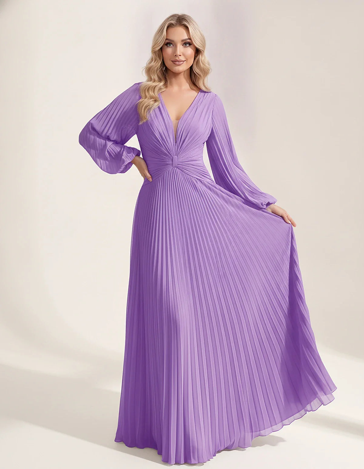 Pleated Chiffon Long Sleeve Deep V-Neck A-Line Maxi Dress for Party, Cocktail, Evening, Wedding Guest & Summer Events, front | SKU: AMD-583917462850174-LILAC-L,AMD-583917462850174-LILAC-M,AMD-583917462850174-LILAC-S,AMD-583917462850174-LILAC-XL,AMD-583917462850174-LILAC-XS