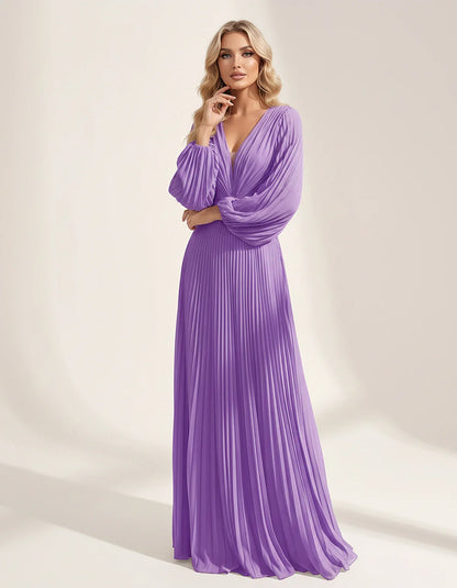 Pleated Chiffon Long Sleeve Deep V-Neck A-Line Maxi Dress for Party, Cocktail, Evening, Wedding Guest & Summer Events, front | SKU: AMD-583917462850174-LILAC-L,AMD-583917462850174-LILAC-M,AMD-583917462850174-LILAC-S,AMD-583917462850174-LILAC-XL,AMD-583917462850174-LILAC-XS