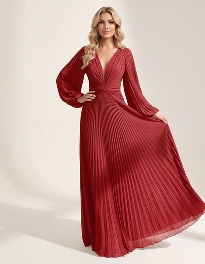 Pleated Chiffon Long Sleeve Deep V-Neck A-Line Maxi Dress for Party, Cocktail, Evening, Wedding Guest & Summer Events, front | SKU: AMD-583917462850174-RED-L,AMD-583917462850174-RED-M,AMD-583917462850174-RED-S,AMD-583917462850174-RED-XL,AMD-583917462850174-RED-XS