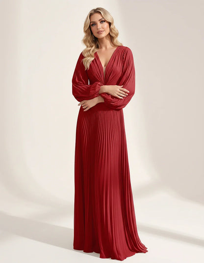 Pleated Chiffon Long Sleeve Deep V-Neck A-Line Maxi Dress for Party, Cocktail, Evening, Wedding Guest & Summer Events, front | SKU: AMD-583917462850174-RED-L,AMD-583917462850174-RED-M,AMD-583917462850174-RED-S,AMD-583917462850174-RED-XL,AMD-583917462850174-RED-XS