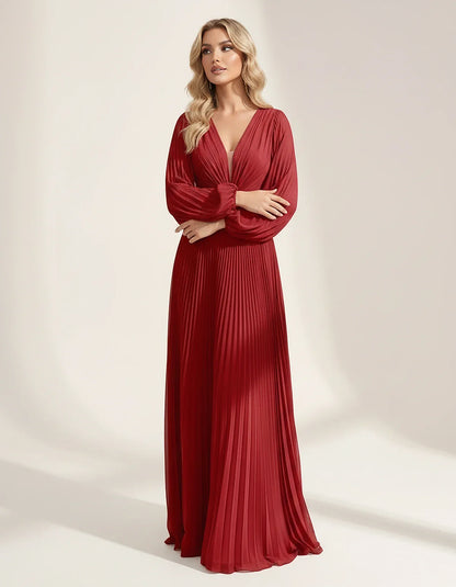 Pleated Chiffon Long Sleeve Deep V-Neck A-Line Maxi Dress for Party, Cocktail, Evening, Wedding Guest & Summer Events, front | SKU: AMD-583917462850174-RED-L,AMD-583917462850174-RED-M,AMD-583917462850174-RED-S,AMD-583917462850174-RED-XL,AMD-583917462850174-RED-XS