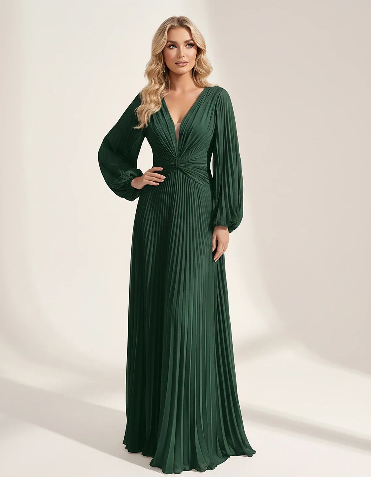 Pleated Chiffon Long Sleeve Deep V-Neck A-Line Maxi Dress for Party, Cocktail, Evening, Wedding Guest & Summer Events, front | SKU: AMD-583917462850174-EMERALD-L,AMD-583917462850174-EMERALD-M,AMD-583917462850174-EMERALD-S,AMD-583917462850174-EMERALD-XL,AMD-583917462850174-EMERALD-XS
