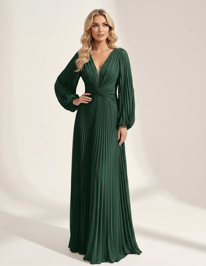 Pleated Chiffon Long Sleeve Deep V-Neck A-Line Maxi Dress for Party, Cocktail, Evening, Wedding Guest & Summer Events, front | SKU: AMD-583917462850174-EMERALD-L,AMD-583917462850174-EMERALD-M,AMD-583917462850174-EMERALD-S,AMD-583917462850174-EMERALD-XL,AMD-583917462850174-EMERALD-XS