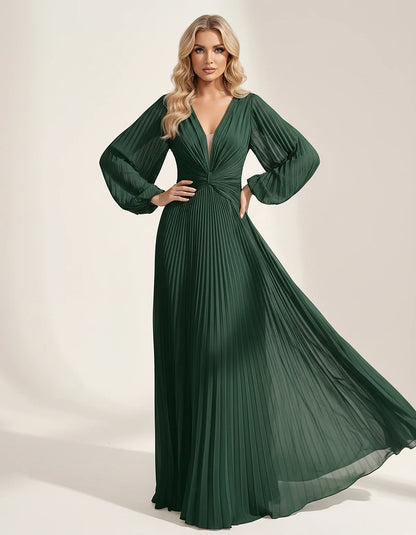 Pleated Chiffon Long Sleeve Deep V-Neck A-Line Maxi Dress for Party, Cocktail, Evening, Wedding Guest & Summer Events, front | SKU: AMD-583917462850174-EMERALD-L,AMD-583917462850174-EMERALD-M,AMD-583917462850174-EMERALD-S,AMD-583917462850174-EMERALD-XL,AMD-583917462850174-EMERALD-XS
