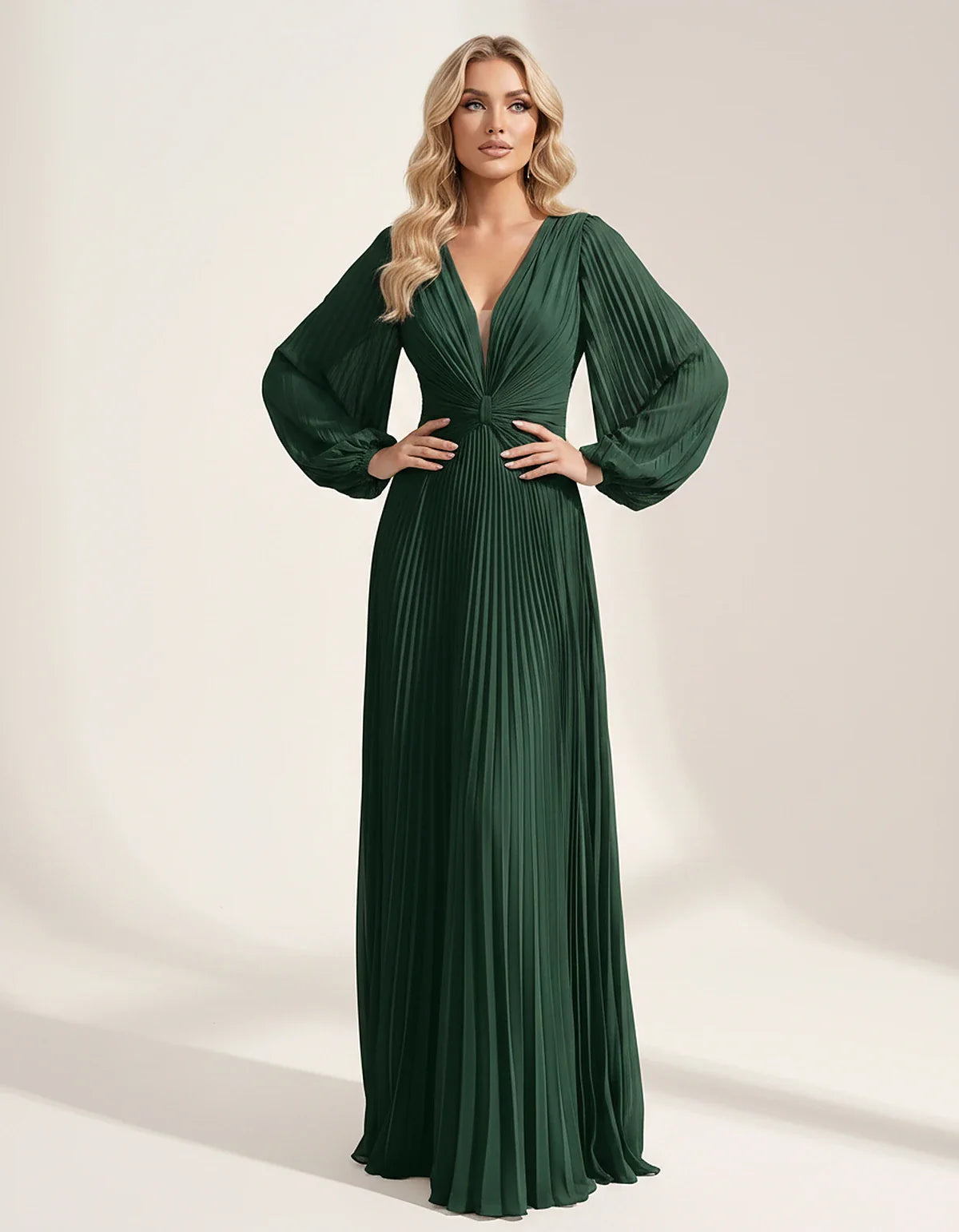 Pleated Chiffon Long Sleeve Deep V-Neck A-Line Maxi Dress for Party, Cocktail, Evening, Wedding Guest & Summer Events, front | SKU: AMD-583917462850174-EMERALD-L,AMD-583917462850174-EMERALD-M,AMD-583917462850174-EMERALD-S,AMD-583917462850174-EMERALD-XL,AMD-583917462850174-EMERALD-XS