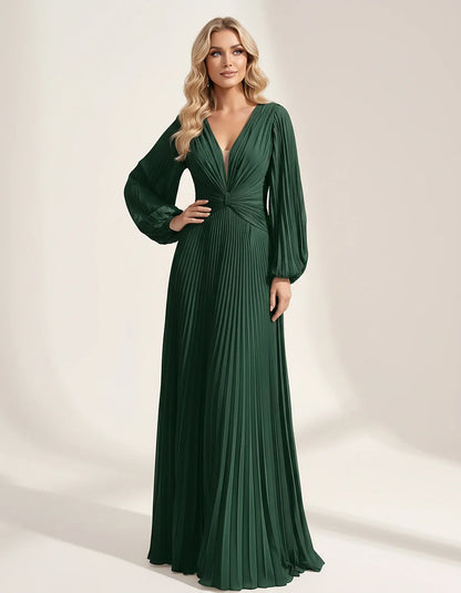 Pleated Chiffon Long Sleeve Deep V-Neck A-Line Maxi Dress for Party, Cocktail, Evening, Wedding Guest & Summer Events, front | SKU: AMD-583917462850174-EMERALD-L,AMD-583917462850174-EMERALD-M,AMD-583917462850174-EMERALD-S,AMD-583917462850174-EMERALD-XL,AMD-583917462850174-EMERALD-XS