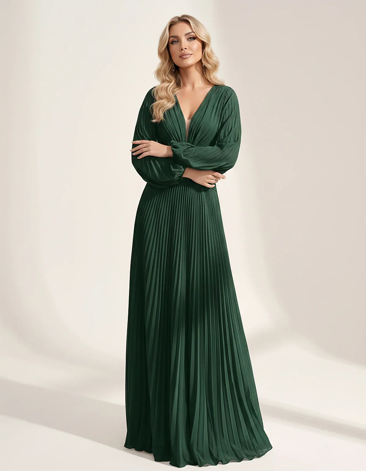 Pleated Chiffon Long Sleeve Deep V-Neck A-Line Maxi Dress for Party, Cocktail, Evening, Wedding Guest & Summer Events, front | SKU: AMD-583917462850174-EMERALD-L,AMD-583917462850174-EMERALD-M,AMD-583917462850174-EMERALD-S,AMD-583917462850174-EMERALD-XL,AMD-583917462850174-EMERALD-XS