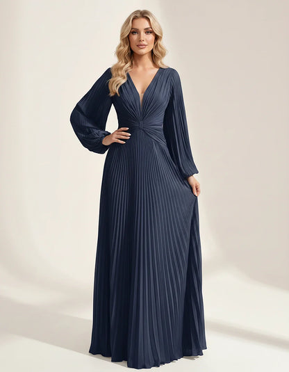Pleated Chiffon Long Sleeve Deep V-Neck A-Line Maxi Dress for Party, Cocktail, Evening, Wedding Guest & Summer Events, front | SKU: AMD-583917462850174-NAVY-L,AMD-583917462850174-NAVY-M,AMD-583917462850174-NAVY-S,AMD-583917462850174-NAVY-XL,AMD-583917462850174-NAVY-XS