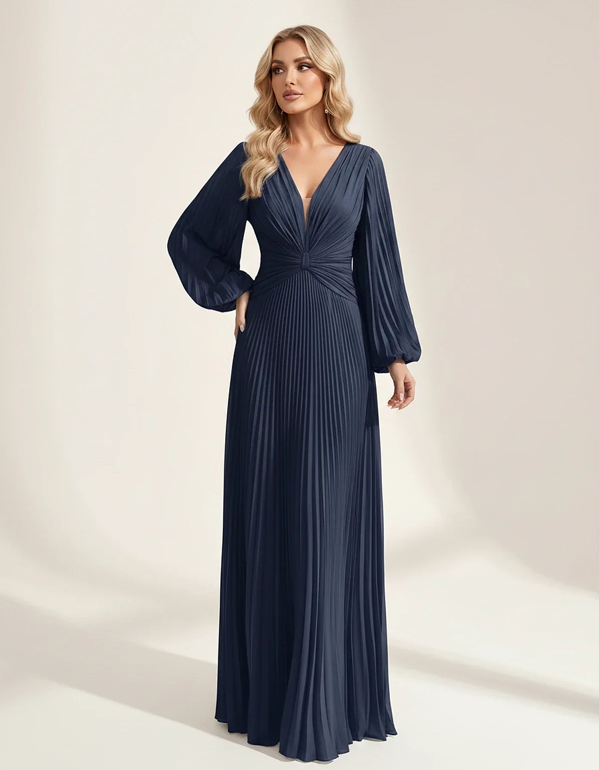 Pleated Chiffon Long Sleeve Deep V-Neck A-Line Maxi Dress for Party, Cocktail, Evening, Wedding Guest & Summer Events, front | SKU: AMD-583917462850174-NAVY-L,AMD-583917462850174-NAVY-M,AMD-583917462850174-NAVY-S,AMD-583917462850174-NAVY-XL,AMD-583917462850174-NAVY-XS