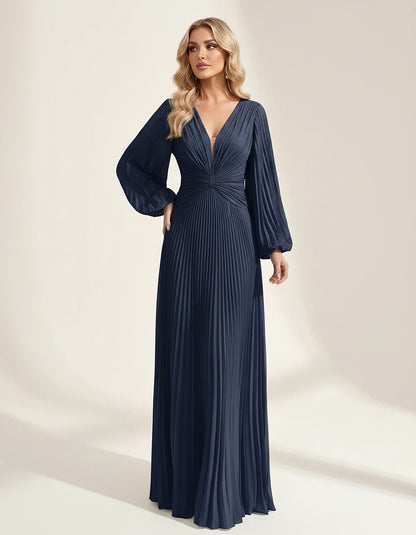 Pleated Chiffon Long Sleeve Deep V-Neck A-Line Maxi Dress for Party, Cocktail, Evening, Wedding Guest & Summer Events, front | SKU: AMD-583917462850174-NAVY-L,AMD-583917462850174-NAVY-M,AMD-583917462850174-NAVY-S,AMD-583917462850174-NAVY-XL,AMD-583917462850174-NAVY-XS