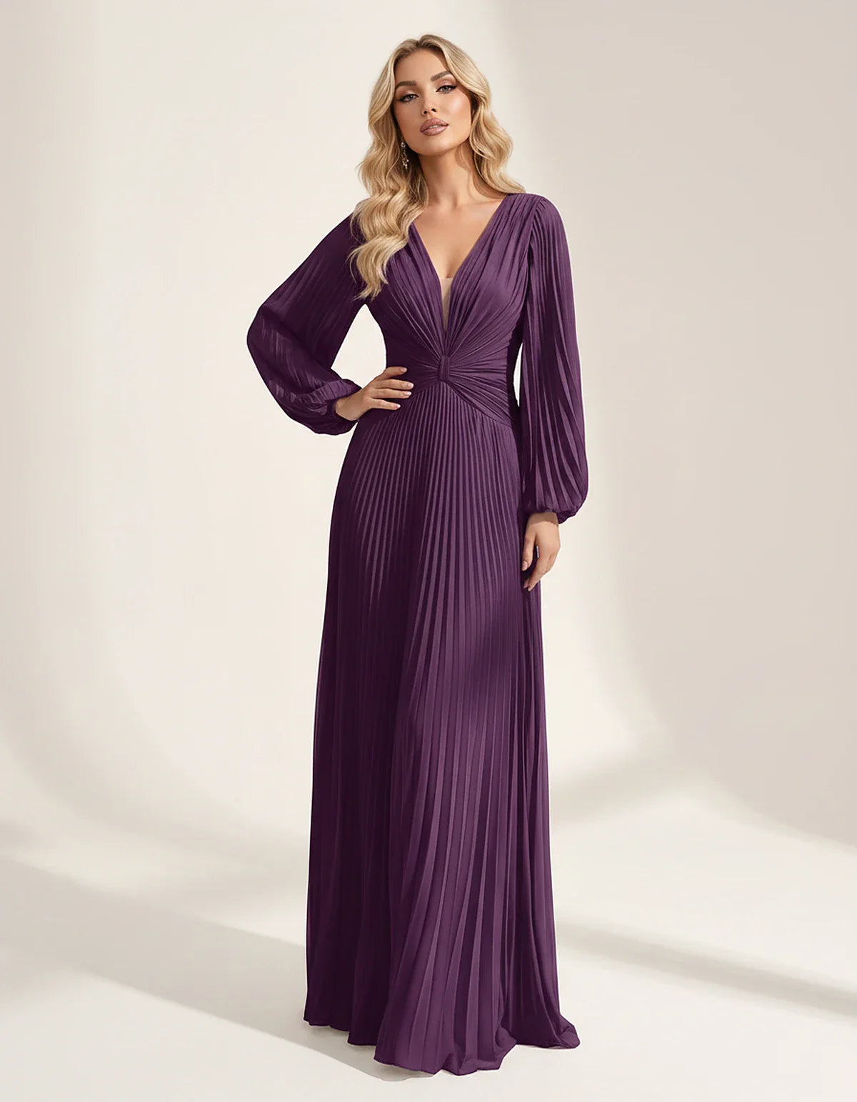 Pleated Chiffon Long Sleeve Deep V-Neck A-Line Maxi Dress for Party, Cocktail, Evening, Wedding Guest & Summer Events, front | SKU: AMD-583917462850174-PURPLE-L,AMD-583917462850174-PURPLE-M,AMD-583917462850174-PURPLE-S,AMD-583917462850174-PURPLE-XL,AMD-583917462850174-PURPLE-XS