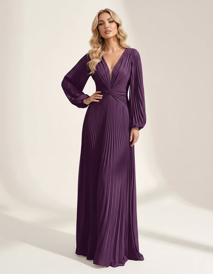 Pleated Chiffon Long Sleeve Deep V-Neck A-Line Maxi Dress for Party, Cocktail, Evening, Wedding Guest & Summer Events, front | SKU: AMD-583917462850174-PURPLE-L,AMD-583917462850174-PURPLE-M,AMD-583917462850174-PURPLE-S,AMD-583917462850174-PURPLE-XL,AMD-583917462850174-PURPLE-XS