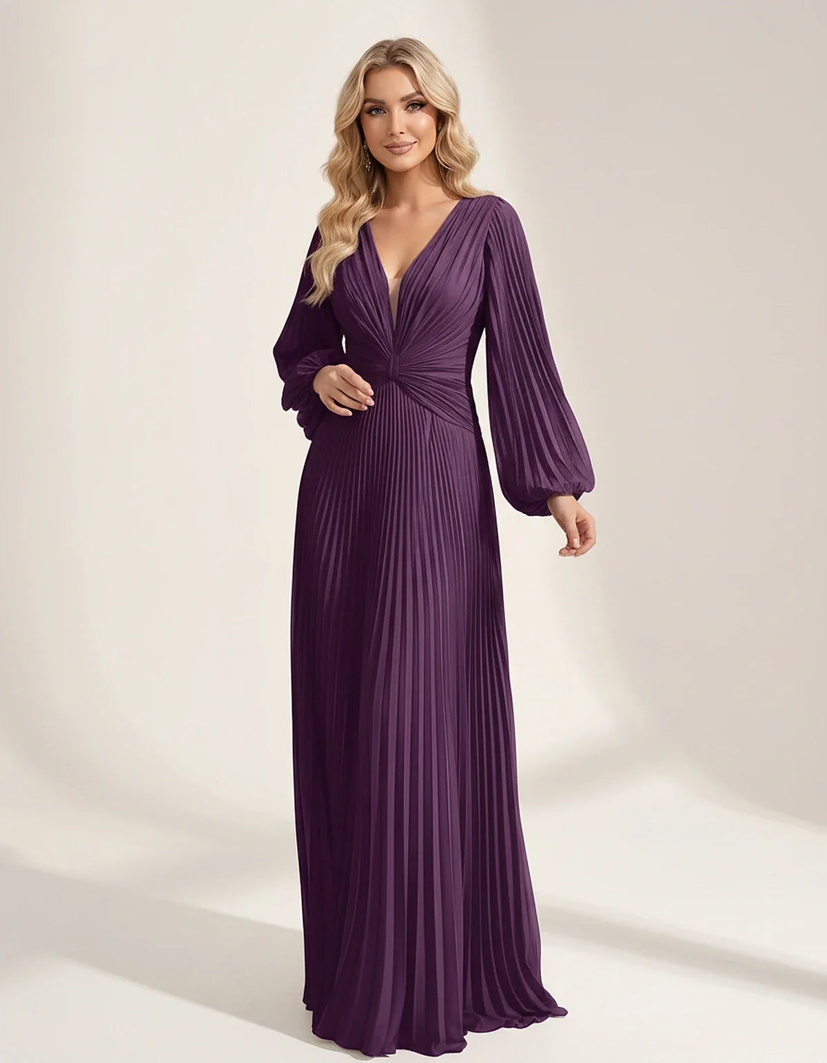 Pleated Chiffon Long Sleeve Deep V-Neck A-Line Maxi Dress for Party, Cocktail, Evening, Wedding Guest & Summer Events, front | SKU: AMD-583917462850174-PURPLE-L,AMD-583917462850174-PURPLE-M,AMD-583917462850174-PURPLE-S,AMD-583917462850174-PURPLE-XL,AMD-583917462850174-PURPLE-XS