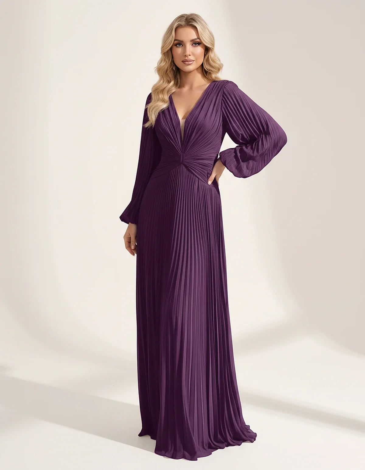 Pleated Chiffon Long Sleeve Deep V-Neck A-Line Maxi Dress for Party, Cocktail, Evening, Wedding Guest & Summer Events, front | SKU: AMD-583917462850174-PURPLE-L,AMD-583917462850174-PURPLE-M,AMD-583917462850174-PURPLE-S,AMD-583917462850174-PURPLE-XL,AMD-583917462850174-PURPLE-XS