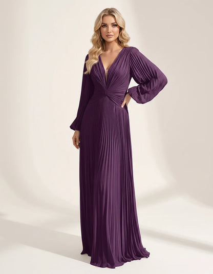 Pleated Chiffon Long Sleeve Deep V-Neck A-Line Maxi Dress for Party, Cocktail, Evening, Wedding Guest & Summer Events, front | SKU: AMD-583917462850174-PURPLE-L,AMD-583917462850174-PURPLE-M,AMD-583917462850174-PURPLE-S,AMD-583917462850174-PURPLE-XL,AMD-583917462850174-PURPLE-XS