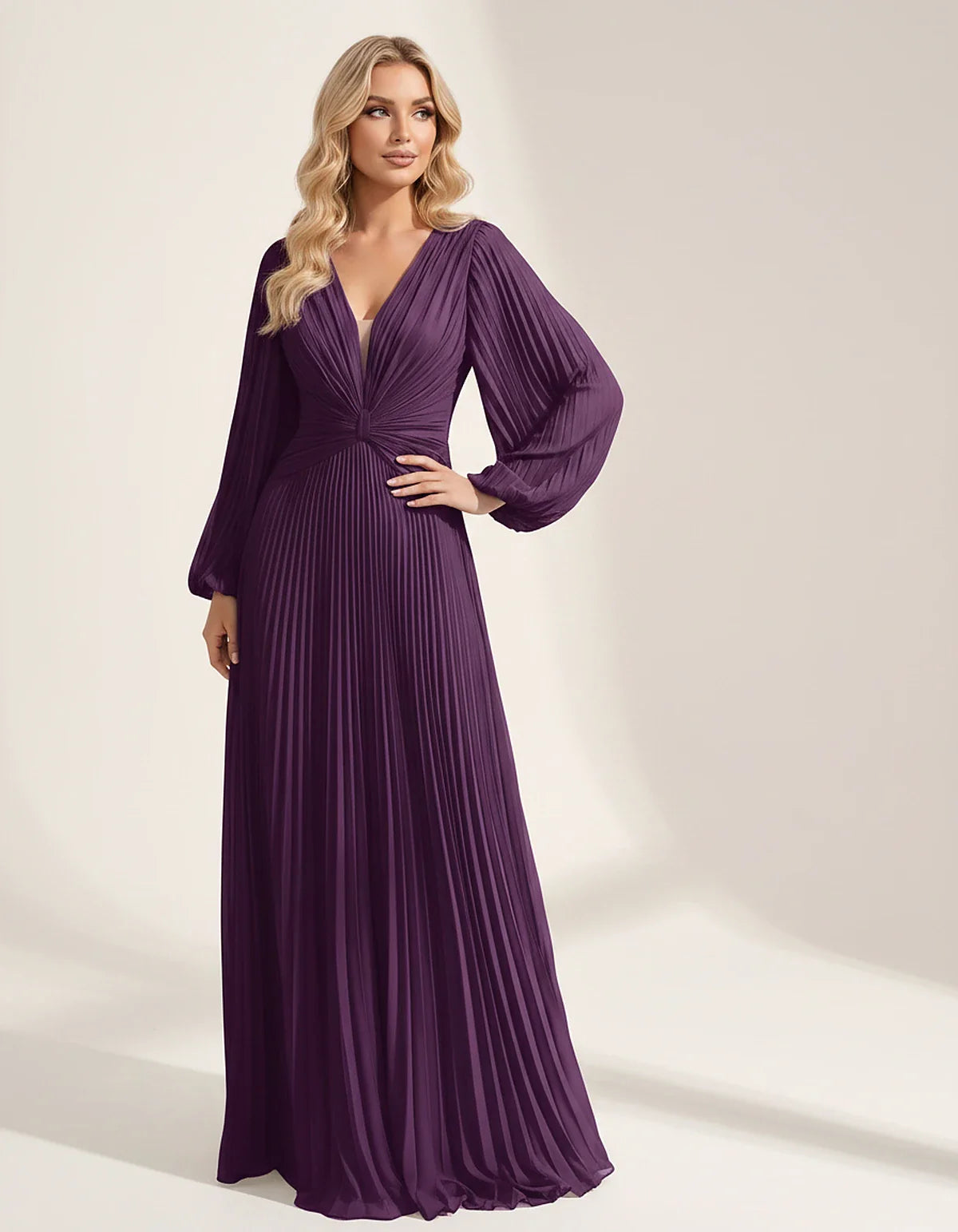 Pleated Chiffon Long Sleeve Deep V-Neck A-Line Maxi Dress for Party, Cocktail, Evening, Wedding Guest & Summer Events, front | SKU: AMD-583917462850174-PURPLE-L,AMD-583917462850174-PURPLE-M,AMD-583917462850174-PURPLE-S,AMD-583917462850174-PURPLE-XL,AMD-583917462850174-PURPLE-XS
