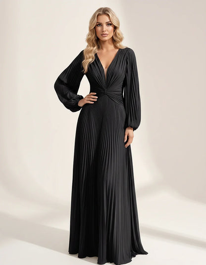 Pleated Chiffon Long Sleeve Deep V-Neck A-Line Maxi Dress for Party, Cocktail, Evening, Wedding Guest & Summer Events, front | SKU: AMD-583917462850174-BLACK-L,AMD-583917462850174-BLACK-M,AMD-583917462850174-BLACK-S,AMD-583917462850174-BLACK-XL,AMD-583917462850174-BLACK-XS