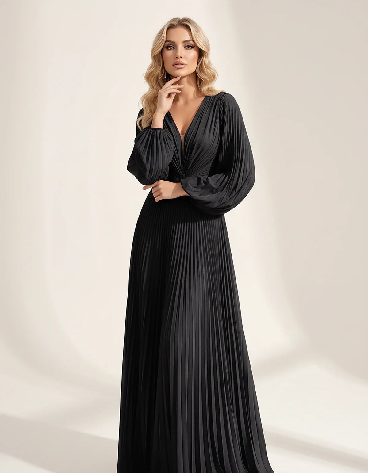 Pleated Chiffon Long Sleeve Deep V-Neck A-Line Maxi Dress for Party, Cocktail, Evening, Wedding Guest & Summer Events, front | SKU: AMD-583917462850174-BLACK-L,AMD-583917462850174-BLACK-M,AMD-583917462850174-BLACK-S,AMD-583917462850174-BLACK-XL,AMD-583917462850174-BLACK-XS