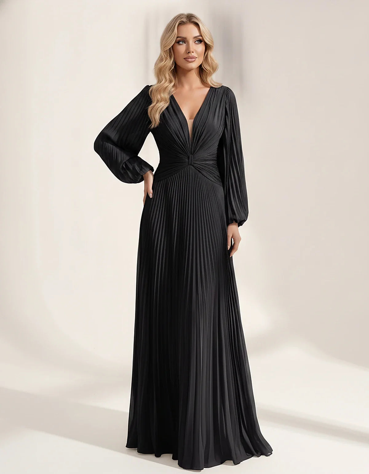 Pleated Chiffon Long Sleeve Deep V-Neck A-Line Maxi Dress for Party, Cocktail, Evening, Wedding Guest & Summer Events, front | SKU: AMD-583917462850174-BLACK-L,AMD-583917462850174-BLACK-M,AMD-583917462850174-BLACK-S,AMD-583917462850174-BLACK-XL,AMD-583917462850174-BLACK-XS