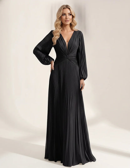 Pleated Chiffon Long Sleeve Deep V-Neck A-Line Maxi Dress for Party, Cocktail, Evening, Wedding Guest & Summer Events, front | SKU: AMD-583917462850174-BLACK-L,AMD-583917462850174-BLACK-M,AMD-583917462850174-BLACK-S,AMD-583917462850174-BLACK-XL,AMD-583917462850174-BLACK-XS