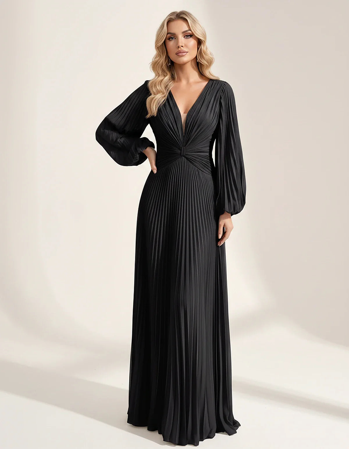 Pleated Chiffon Long Sleeve Deep V-Neck A-Line Maxi Dress for Party, Cocktail, Evening, Wedding Guest & Summer Events, front | SKU: AMD-583917462850174-BLACK-L,AMD-583917462850174-BLACK-M,AMD-583917462850174-BLACK-S,AMD-583917462850174-BLACK-XL,AMD-583917462850174-BLACK-XS