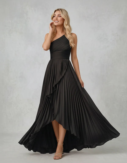 Chiffon Sleeveless One-Shoulder A-Line Maxi Dress for Party, Cocktail, Evening, Wedding Guest, Bridesmaid & Summer Events, fr | SKU: AMD-583920174618452-BLACK-L,AMD-583920174618452-BLACK-M,AMD-583920174618452-BLACK-S,AMD-583920174618452-BLACK-XL,AMD-583920174618452-BLACK-XS