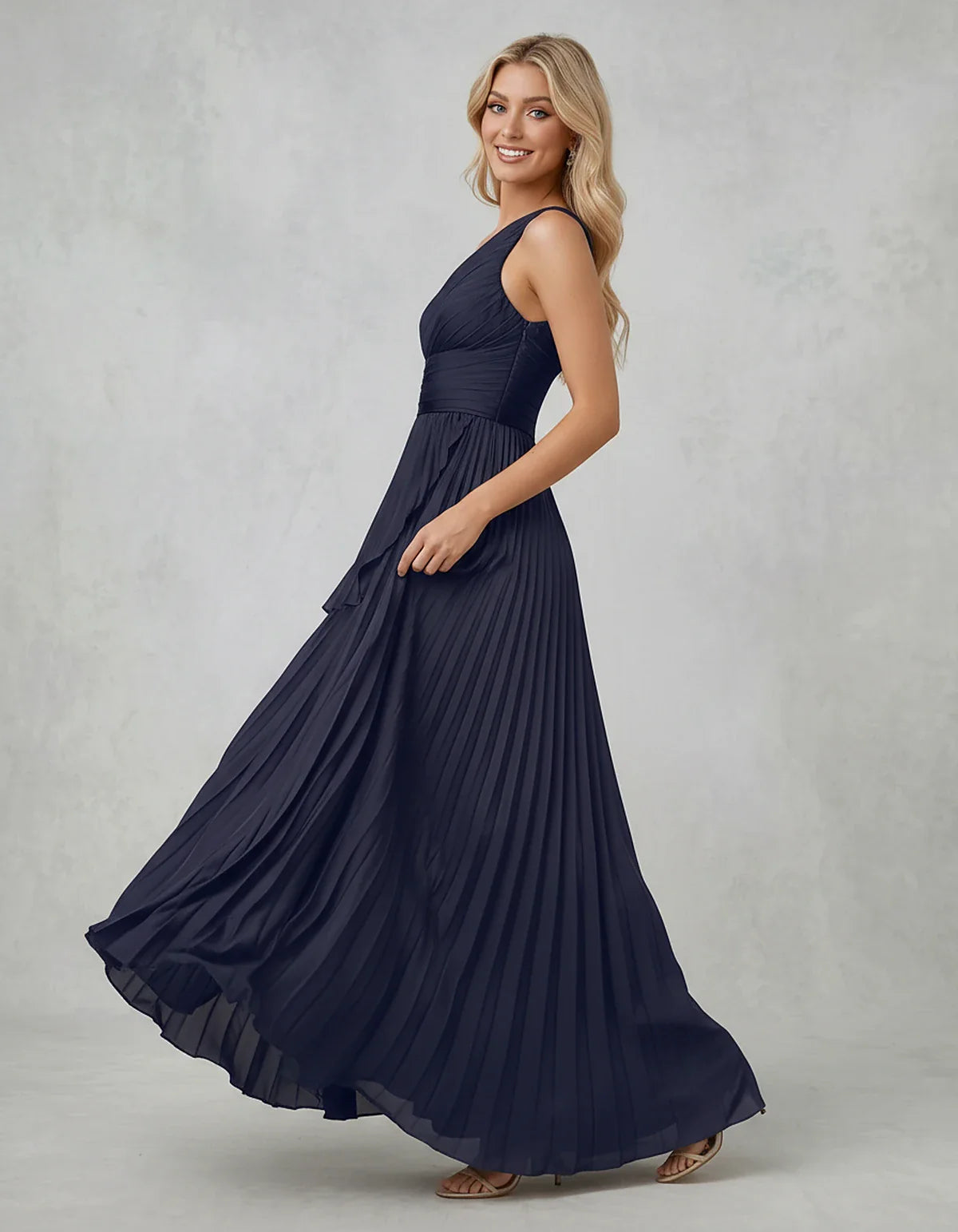 Chiffon Sleeveless One-Shoulder A-Line Maxi Dress for Party, Cocktail, Evening, Wedding Guest, Bridesmaid & Summer Events, si | SKU: AMD-583920174618452-NAVY-L,AMD-583920174618452-NAVY-M,AMD-583920174618452-NAVY-S,AMD-583920174618452-NAVY-XL,AMD-583920174618452-NAVY-XS