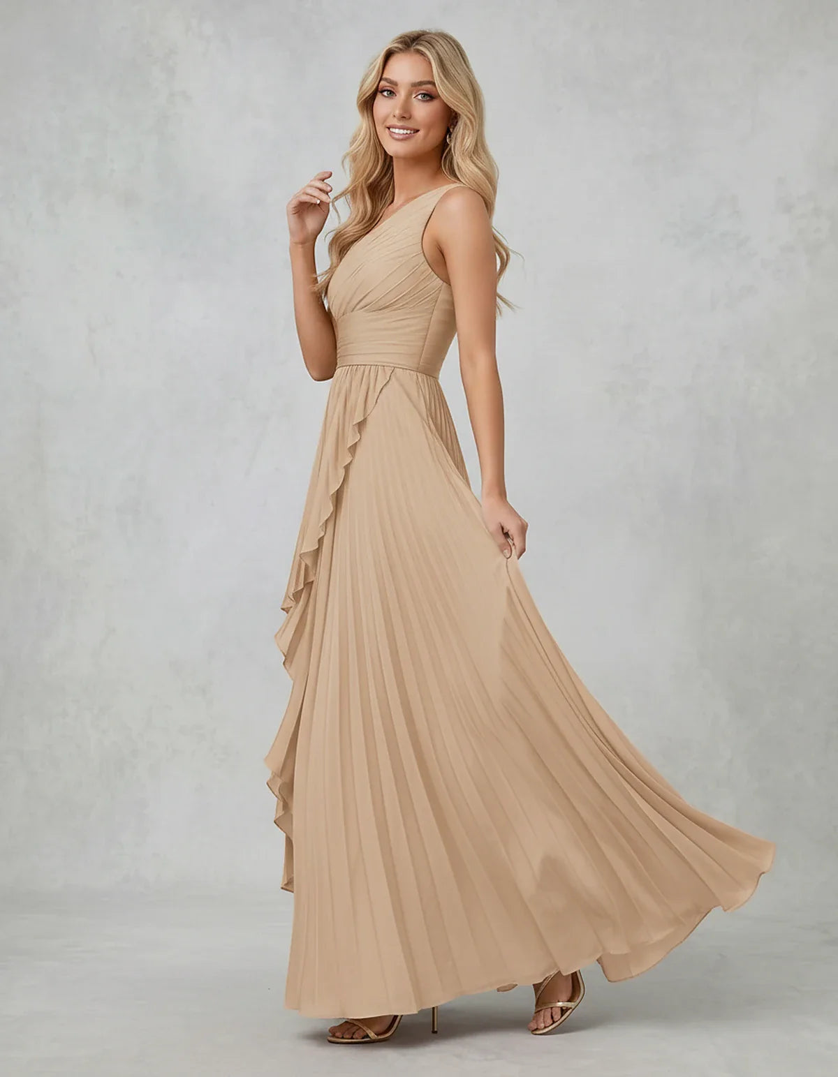 Chiffon Sleeveless One-Shoulder A-Line Maxi Dress for Party, Cocktail, Evening, Wedding Guest, Bridesmaid & Summer Events, si | SKU: AMD-583920174618452-BEIGE-L,AMD-583920174618452-BEIGE-M,AMD-583920174618452-BEIGE-S,AMD-583920174618452-BEIGE-XL,AMD-583920174618452-BEIGE-XS