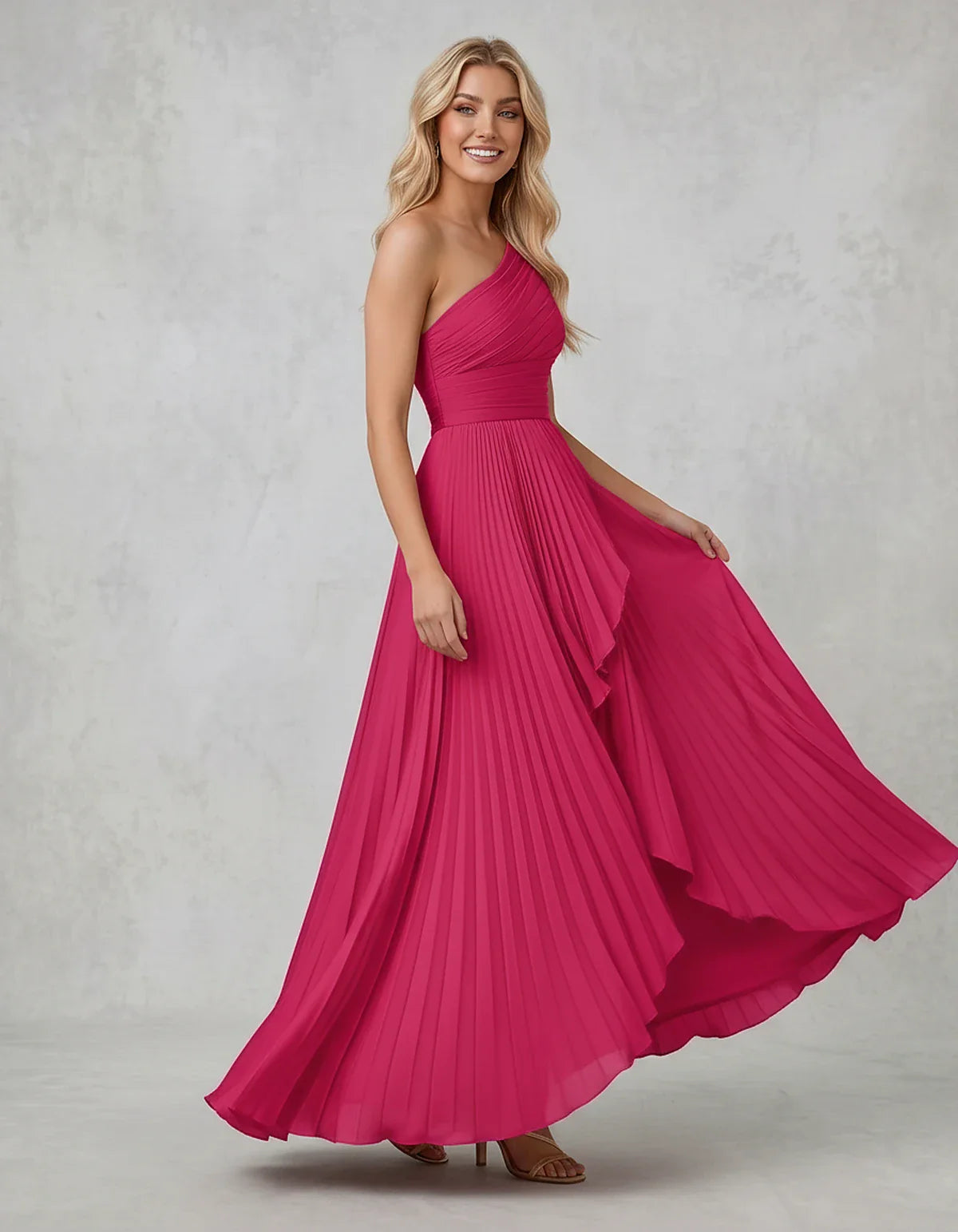 Chiffon Sleeveless One-Shoulder A-Line Maxi Dress for Party, Cocktail, Evening, Wedding Guest, Bridesmaid & Summer Events, fr | SKU: AMD-583920174618452-HOTPINK-L,AMD-583920174618452-HOTPINK-M,AMD-583920174618452-HOTPINK-S,AMD-583920174618452-HOTPINK-XL,AMD-583920174618452-HOTPINK-XS