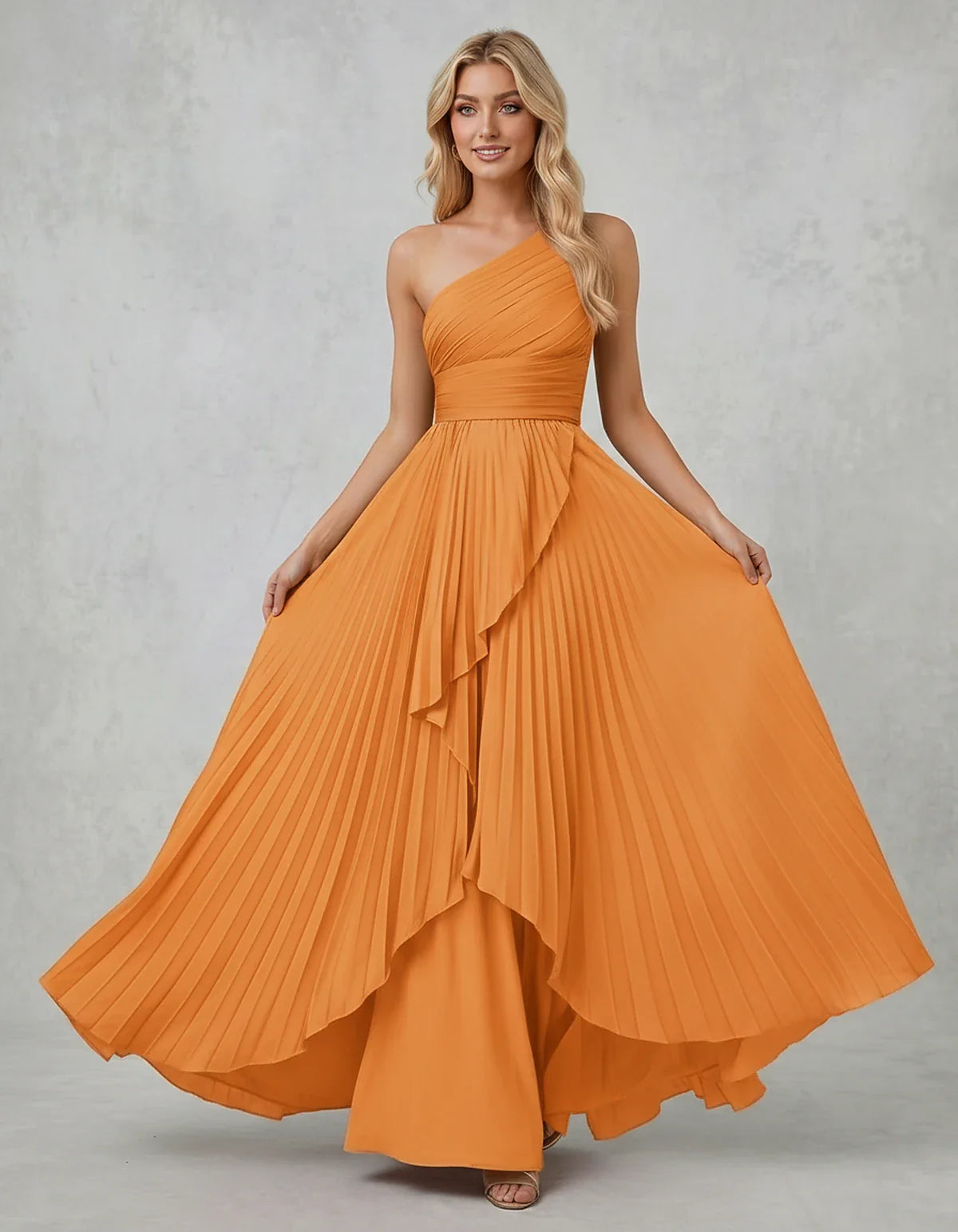Chiffon Sleeveless One-Shoulder A-Line Maxi Dress for Party, Cocktail, Evening, Wedding Guest, Bridesmaid & Summer Events, fr | SKU: AMD-583920174618452-ORANGE-L,AMD-583920174618452-ORANGE-M,AMD-583920174618452-ORANGE-S,AMD-583920174618452-ORANGE-XL,AMD-583920174618452-ORANGE-XS