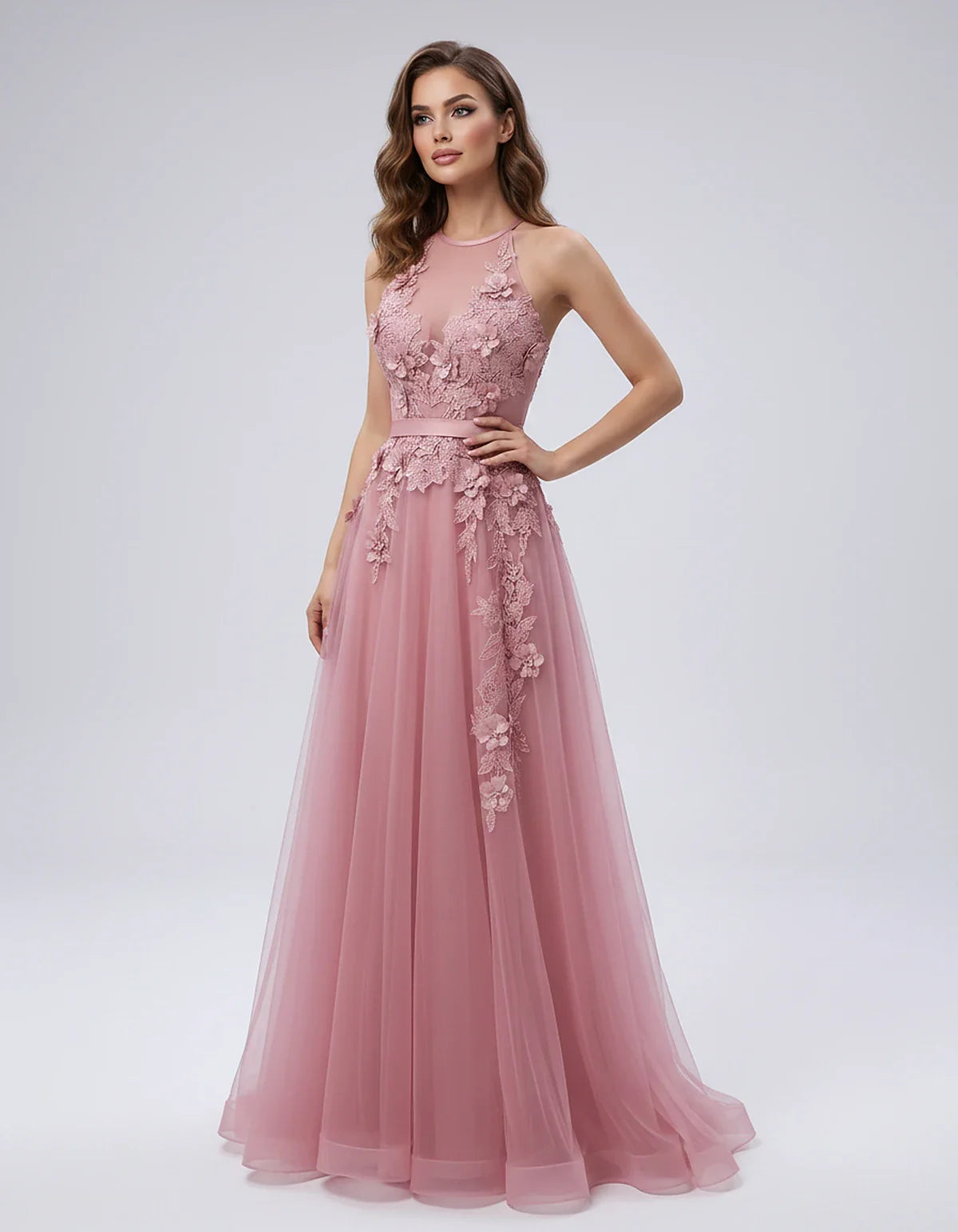 Tulle Sleeveless Halter Neck A-Line Maxi Dress with Floral Lace Appliqué for Party, Cocktail, Evening, Wedding Guest & Summer | SKU: AMD-583920174618352-DUSTYPINK-L,AMD-583920174618352-DUSTYPINK-M,AMD-583920174618352-DUSTYPINK-S,AMD-583920174618352-DUSTYPINK-XL,AMD-583920174618352-DUSTYPINK-XS