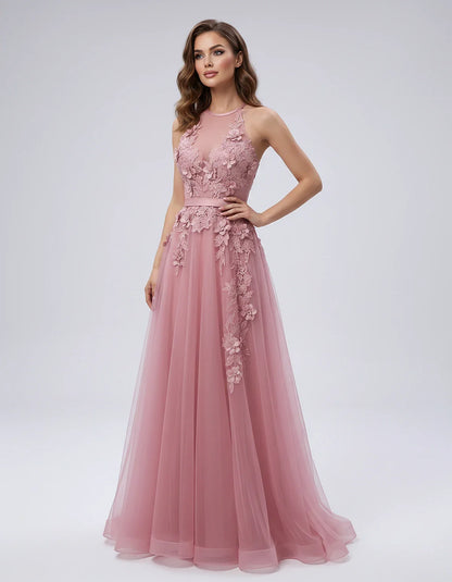 Tulle Sleeveless Halter Neck A-Line Maxi Dress with Floral Lace Appliqué for Party, Cocktail, Evening, Wedding Guest & Summer | SKU: AMD-583920174618352-DUSTYPINK-L,AMD-583920174618352-DUSTYPINK-M,AMD-583920174618352-DUSTYPINK-S,AMD-583920174618352-DUSTYPINK-XL,AMD-583920174618352-DUSTYPINK-XS