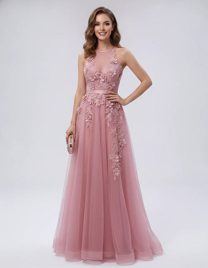 Tulle Sleeveless Halter Neck A-Line Maxi Dress with Floral Lace Appliqué for Party, Cocktail, Evening, Wedding Guest & Summer | SKU: AMD-583920174618352-DUSTYPINK-L,AMD-583920174618352-DUSTYPINK-M,AMD-583920174618352-DUSTYPINK-S,AMD-583920174618352-DUSTYPINK-XL,AMD-583920174618352-DUSTYPINK-XS