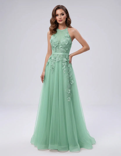 Tulle Sleeveless Halter Neck A-Line Maxi Dress with Floral Lace Appliqué for Party, Cocktail, Evening, Wedding Guest & Summer | SKU: AMD-583920174618352-MINT-L,AMD-583920174618352-MINT-M,AMD-583920174618352-MINT-S,AMD-583920174618352-MINT-XL,AMD-583920174618352-MINT-XS