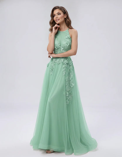 Tulle Sleeveless Halter Neck A-Line Maxi Dress with Floral Lace Appliqué for Party, Cocktail, Evening, Wedding Guest & Summer | SKU: AMD-583920174618352-MINT-L,AMD-583920174618352-MINT-M,AMD-583920174618352-MINT-S,AMD-583920174618352-MINT-XL,AMD-583920174618352-MINT-XS