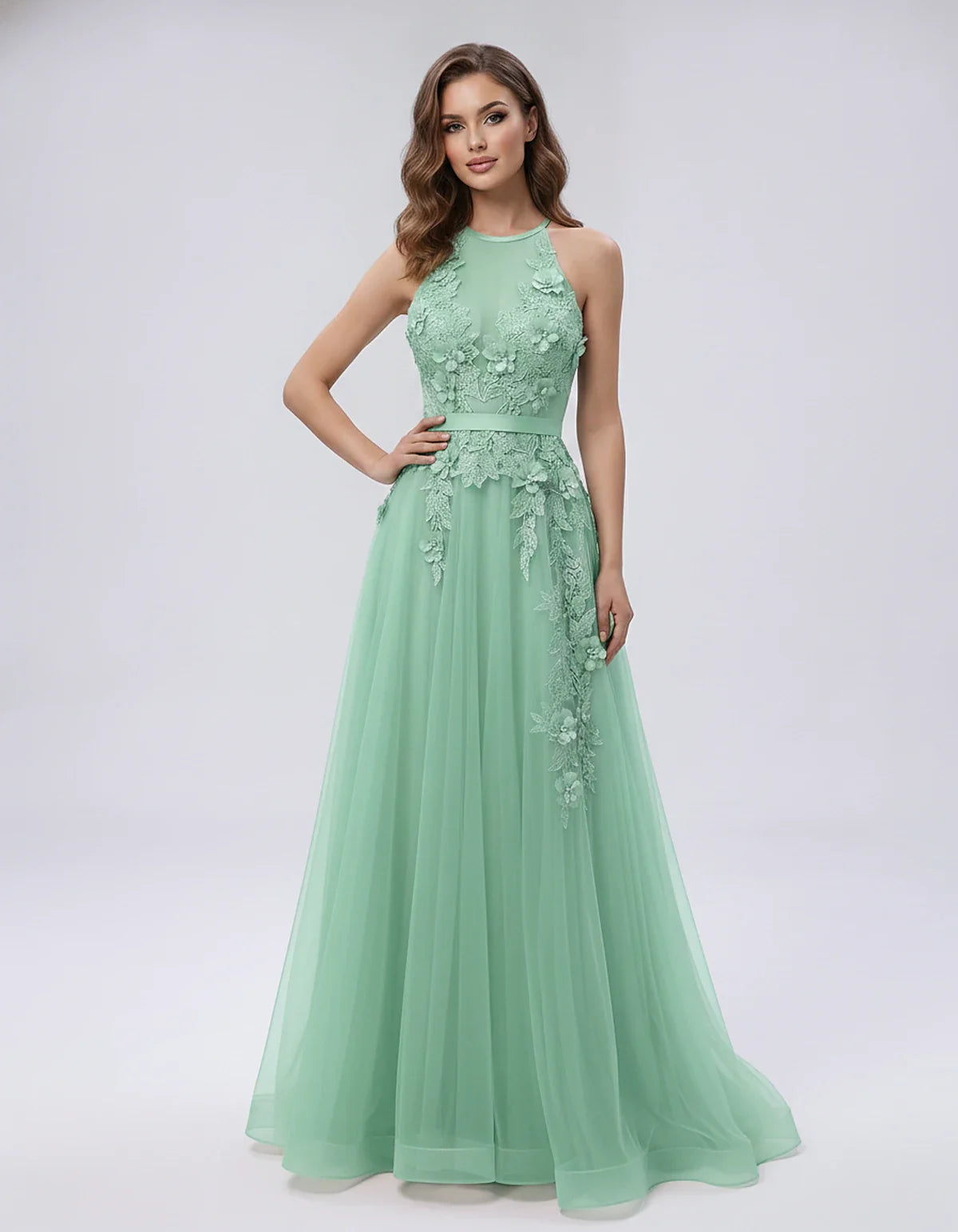 Tulle Sleeveless Halter Neck A-Line Maxi Dress with Floral Lace Appliqué for Party, Cocktail, Evening, Wedding Guest & Summer | SKU: AMD-583920174618352-MINT-L,AMD-583920174618352-MINT-M,AMD-583920174618352-MINT-S,AMD-583920174618352-MINT-XL,AMD-583920174618352-MINT-XS